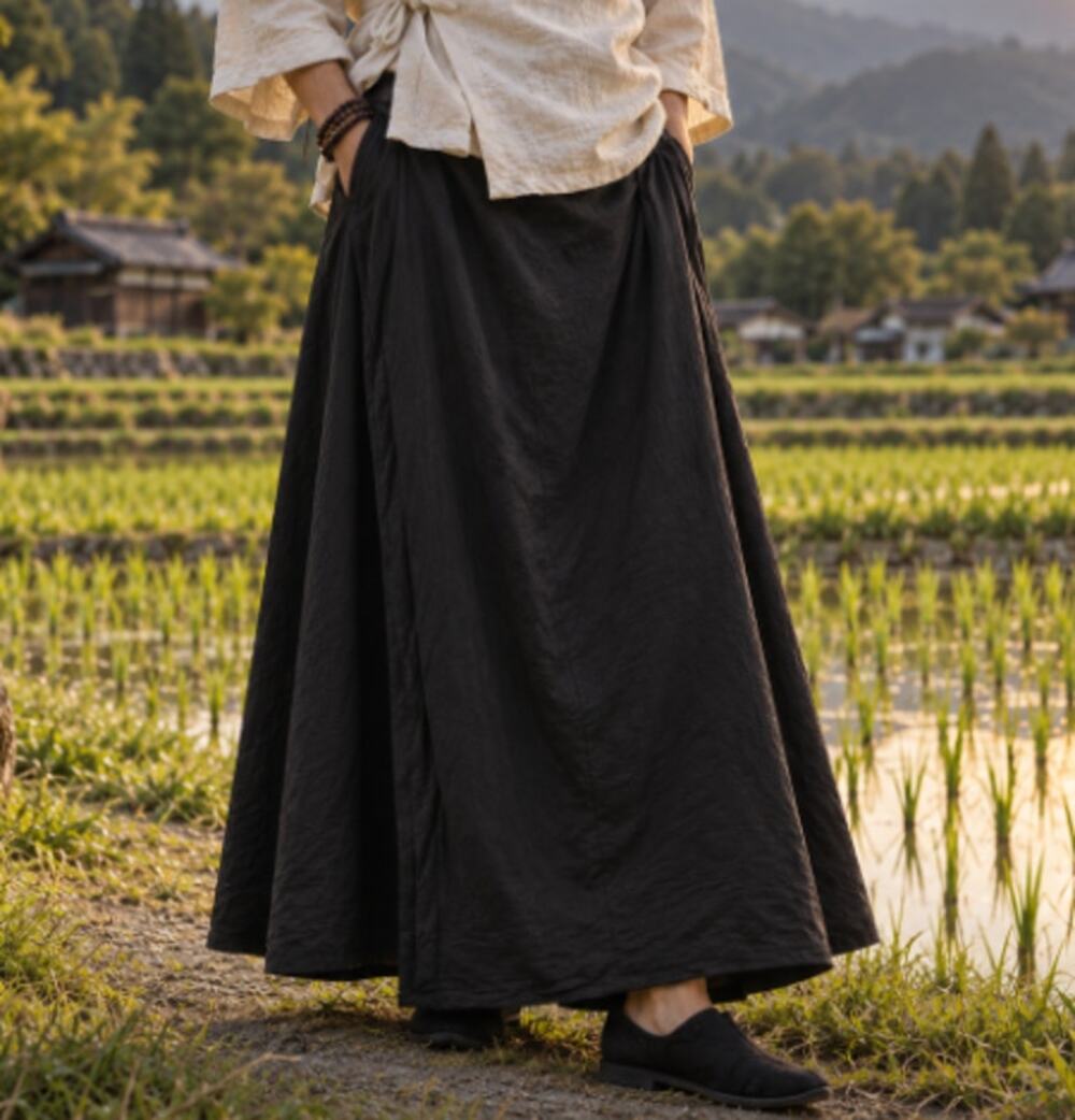 Prospective Flow Sz S KYU Black Japanese Lagenlook Hakama Wrap Skirt Unisex
